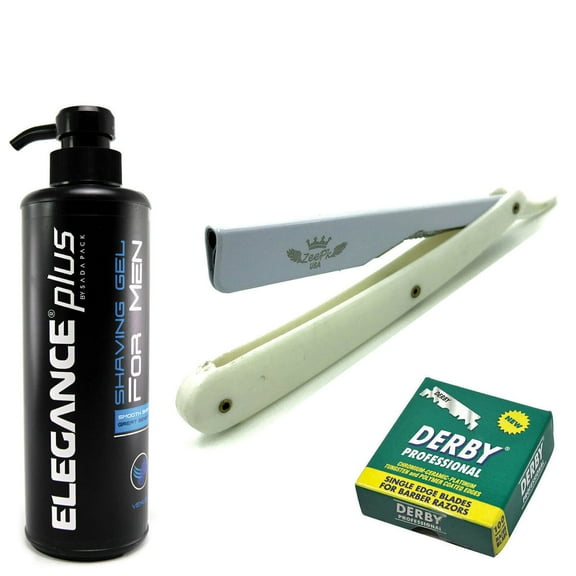 CUT THROAT BARBER SHAVING RAZOR ELEGANCE EARTH SHAVING GEL 100 BLADES FULL WHITE