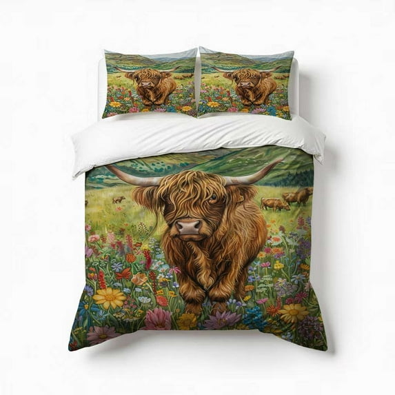 CUTE HIGHLAND COW WILD FLOWERS Bedding Set 3 Pcs Soft Microfiber Quilt Cover For Bedroom Decor, Comforter Cover With 2 Pillowcase