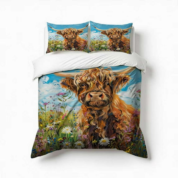 CUTE HIGHLAND COW WILD FLOWERS Bedding Set 3 Pcs Soft Microfiber Quilt Cover For Bedroom Decor, Comforter Cover With 2 Pillowcase