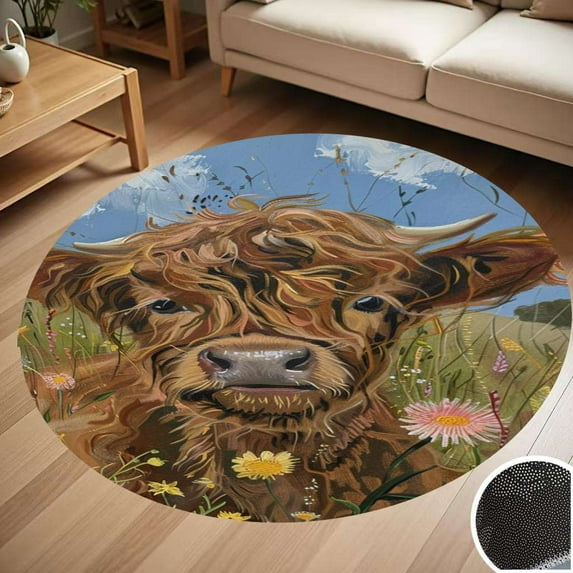 CUTE HIGHLAND COW WILD FLOWERS Round Carpet Living Room Bedroom Home Decoration Coffee Table Mat Lounge Rug Chair Mats