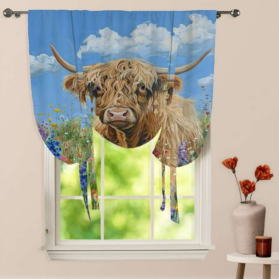 CUTE HIGHLAND COW WILD FLOWERS Window Curtain for Living Room Roman Curtain Kitchen Tie-up Curtains Adjustable Drapes
