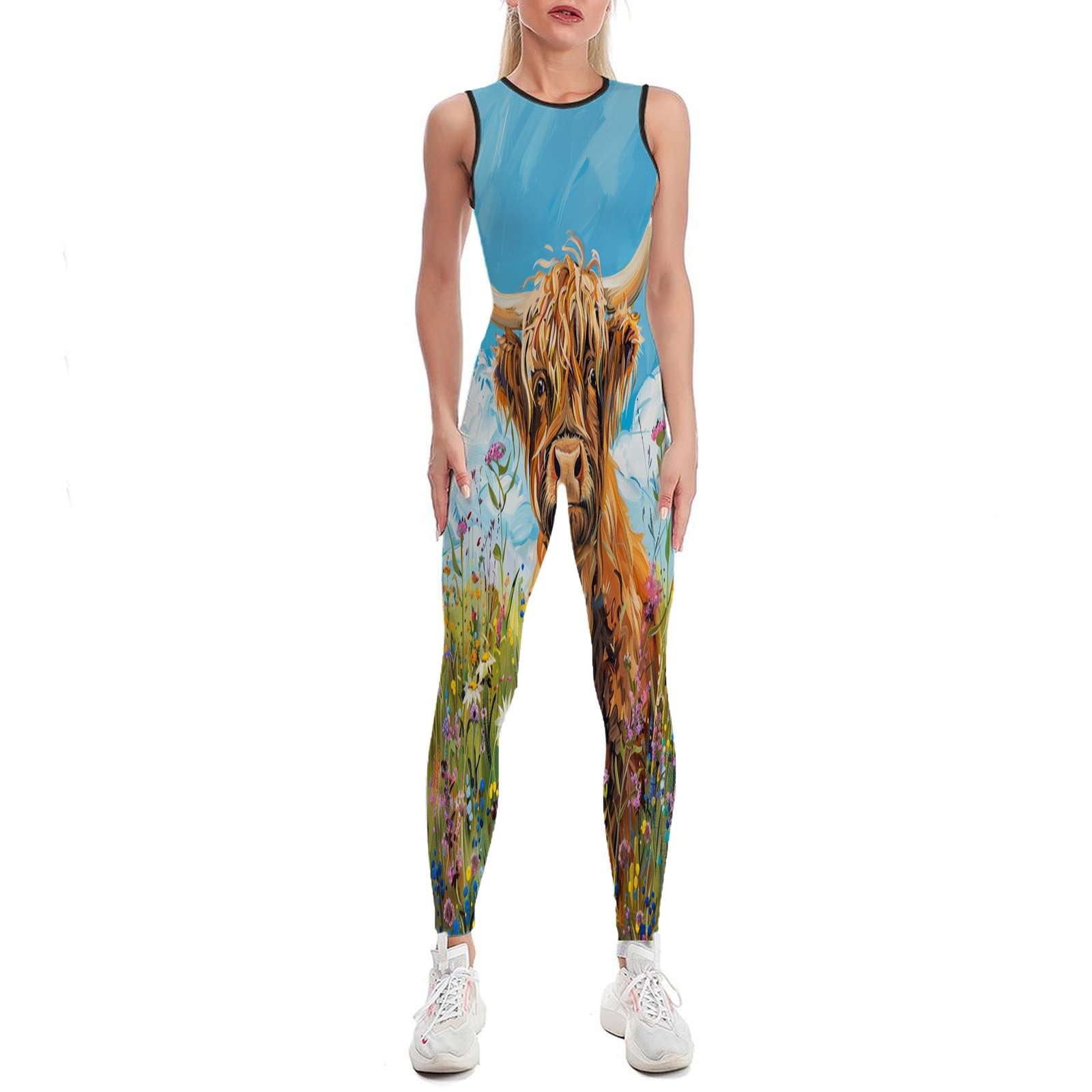 CUTE HIGHLAND COW WILD FLOWERS Women's One Piece Yoga Jumpsuits ...