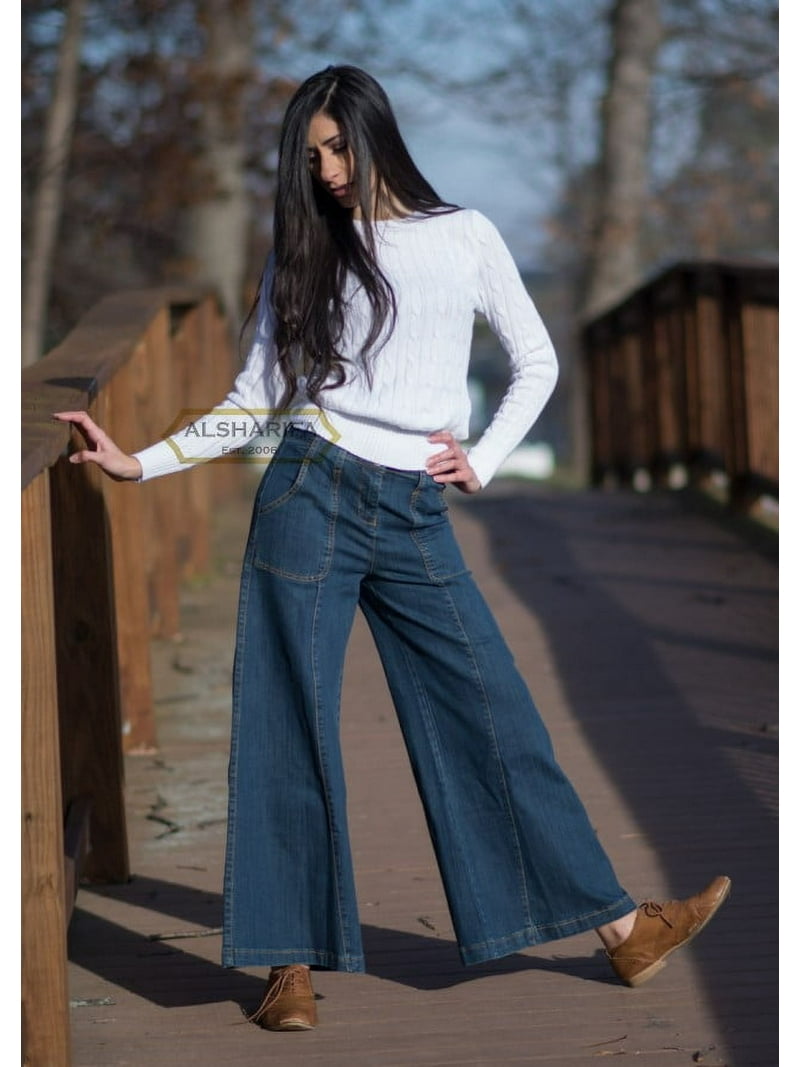 CUTE LONG WIDE-LEG DENIM PANTS WOMEN TROUSERS BLUE JEANS (BA005