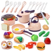 CUTE STONE 51 Piece Plastic Mini Play Kitchen Accessories Set, Pretend Cooking Playset with Pots, Pans, Utensils & Cuttable Fruits Veggies, Educational Toy Gift for Toddlers Boys Girls