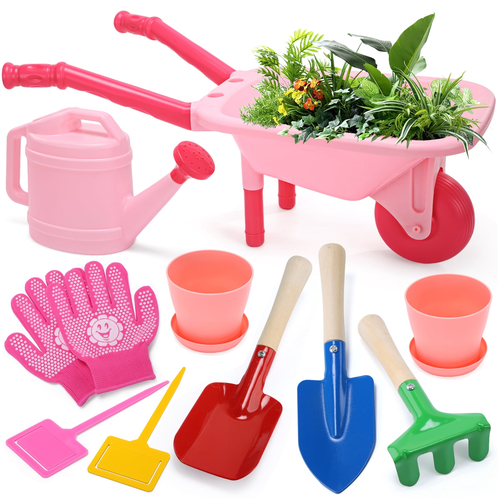 CUTE STONE Kids Gardening Tool Set, 13-Piece Pink Wheelbarrow Kit with Watering Can, Shovels, Rake, Gloves, Planters for Outdoor/Indoor Pretend Play, Toddlers Girls & Boys Age 3+