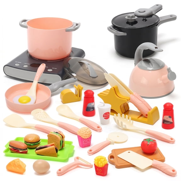 CUTE STONE Kids Pretend Play Kitchen Accessories Set with Toy Cooktop, Pots & Pans, Play Food and Utensils, Cooking Role Play Toy with Light & Sound for Boys & Girls
