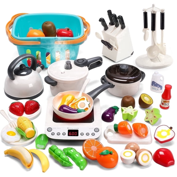 CUTE STONE Kids Pretend Play Kitchen Set with Toy Induction Cooktop, Pots & Pans, Play Food & Utensils, Educational Cooking Role Play Toy for Toddlers Boys & Girls Ages 3+