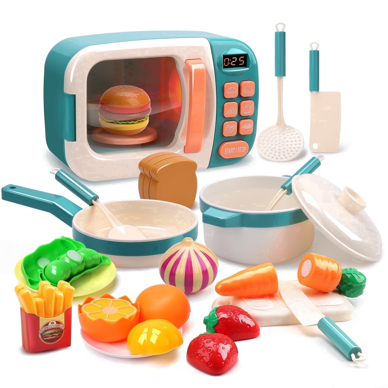 BangStone CUTE STONE Microwave Pretend Play Set, Electronic Oven with Play Food, Cookware & Utensils, ABS Kitchen Set for Girls and Boys
