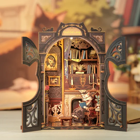 CUTEBEE DIY Book Nook Kit  Count Cats Study Miniature Dollhouse Insert with LED Light, 3D Wooden Puzzle Craft Kit for Adults & Teens
