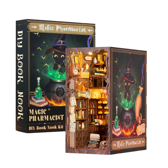 CUTEBEE DIY Book Nook Kit Magic Potioner Miniature House with LED Light, 3D Wooden Puzzle Bookshelf Insert, Fantasy Wizard Craft Kit for Teens & Adults, Home Decor & Gift