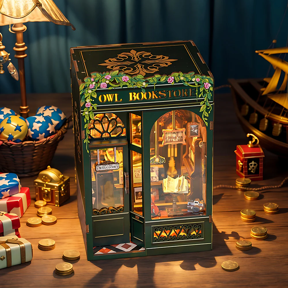 CUTEBEE DIY Book Nook Kit – Owl Bookstore Miniature Dollhouse Insert with LED Light, 3D Wooden Puzzle Craft Kit for Adults & Teens