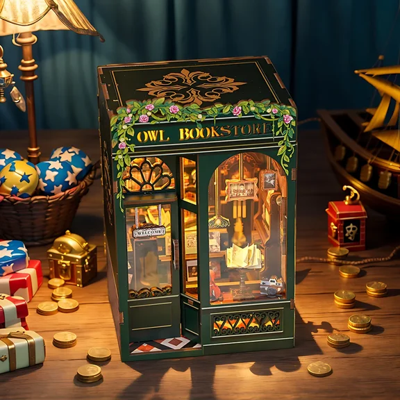 CUTEBEE DIY Book Nook Kit Owl Bookstore Miniature Dollhouse Insert with LED Light, 3D Wooden Puzzle Craft Kit for Adults & Teens