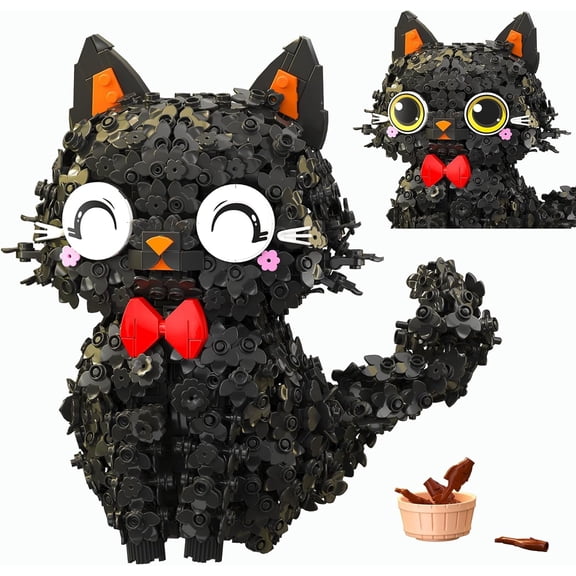 CUTEHELPER Black Flower Cat Mini Brick Set,Creative Blossom Puss Brick Building Kit Toy for Adults & Kids,Cute Animal Model Desk Decoration Gift (1651pcs)
