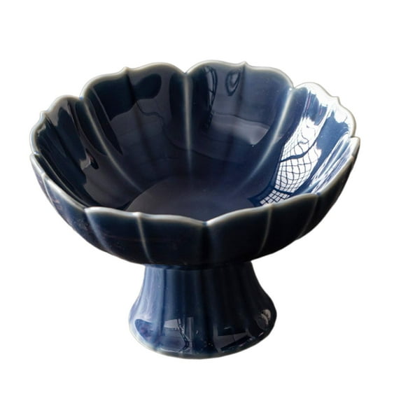 CUTICATE Ceramic Footed Bowl Decorative Bowl Multifunctional Lotus Shaped Dessert Cake Serving Bowl for Kitchen Home Room BLue