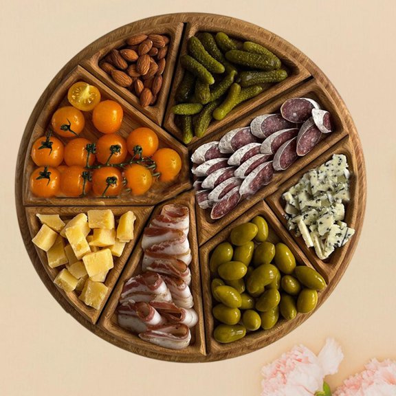 CUTICATE Divided Wood Serving Tray Snack Dessert Platter Fruit Appetizer Serving Plate Serving Platter Round for Candy Nuts Appetizers