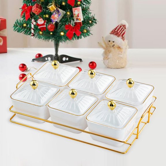 CUTICATE Dried Fruit Snack Serving Plate Set Covered Candy Jar 6 Grid Multipurpose Snacks Dish Snacks Tray for Home Holiday Countertop White