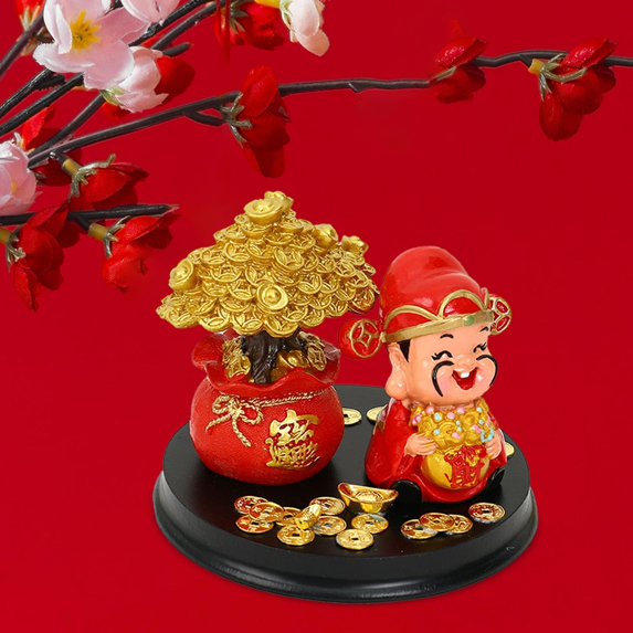 CUTICATE Fortune Trees Statue God of Wealth Figurine Mini Bonsai Tree Ornament Cai Shen Statue for Living Room Cabinet Spring Festival A