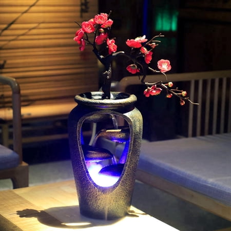 CUTICATE Resin Indoor Water Fountain Waterfall Simulation Plant Vase Automatic Pump Asian Illuminated with Lights Indoor for Landscape Feng Shui Home