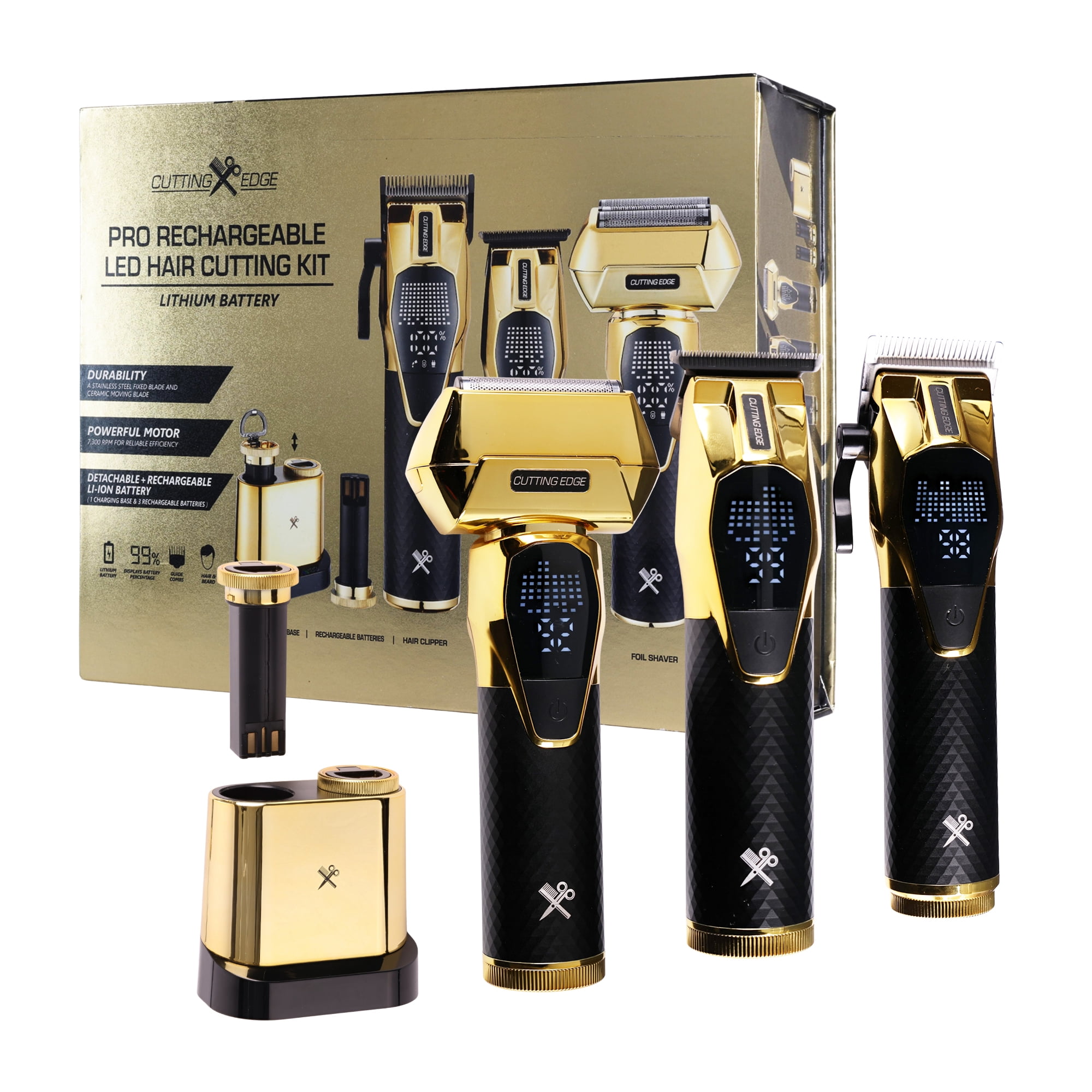 Cutting Edge Professional 3-Piece Interchangeable Battery Hair Cutting Kit with LED Display, Rechargeable Lithium Power – Clipper, Trimmer & Foil Shaver, Gold/Black
