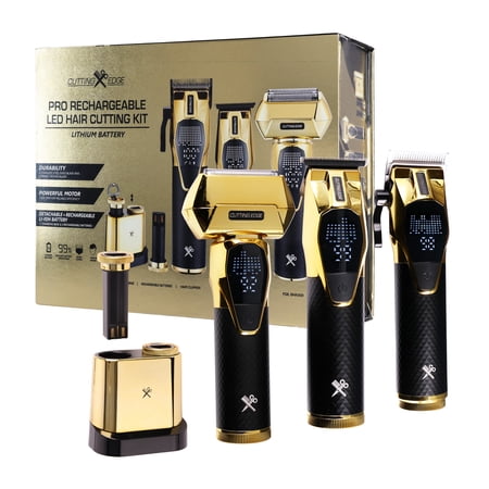 Cutting Edge Professional 3-Piece Interchangeable Battery Hair Cutting Kit with LED Display, Rechargeable Lithium Power – Clipper, Trimmer & Foil Shaver, Gold/Black