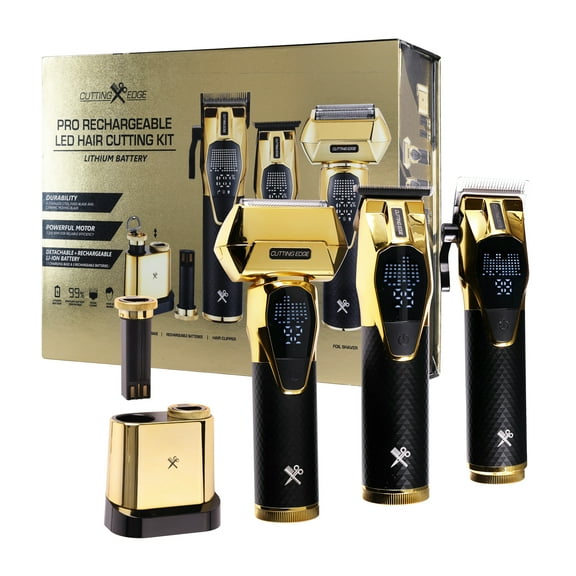 Cutting Edge Professional 3-Piece Interchangeable Battery Hair Cutting Kit with LED Display, Rechargeable Lithium Power  Clipper, Trimmer & Foil Shaver, Gold/Black