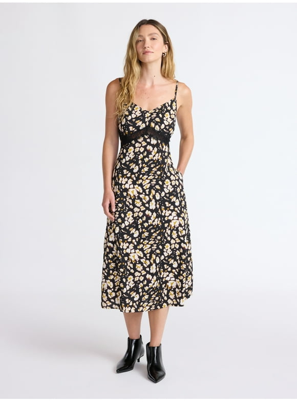 Women’s Cutaway Midi Dress with Lace Insets, Sizes XS-XXL