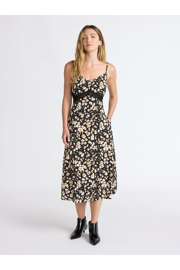 Women’s Cutaway Midi Dress with Lace Insets, Sizes XS-XXL