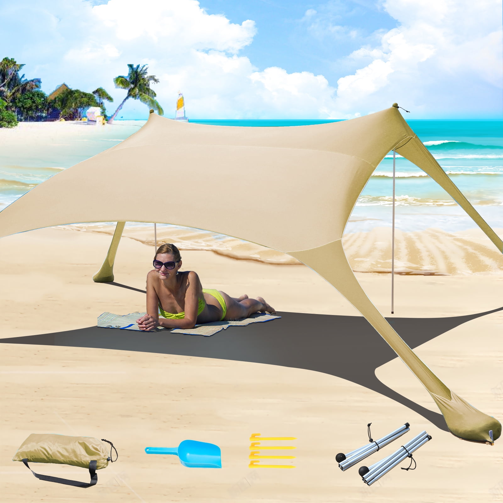 Cuupo Strandtent, zonnescherm, UPF50 uv-bescherming, outdoor luifeltent, zonnescherm met 2 stokken voor kamperen, strand, vissen, achtertuin en picknicks, 213 x 213 cm, blauw