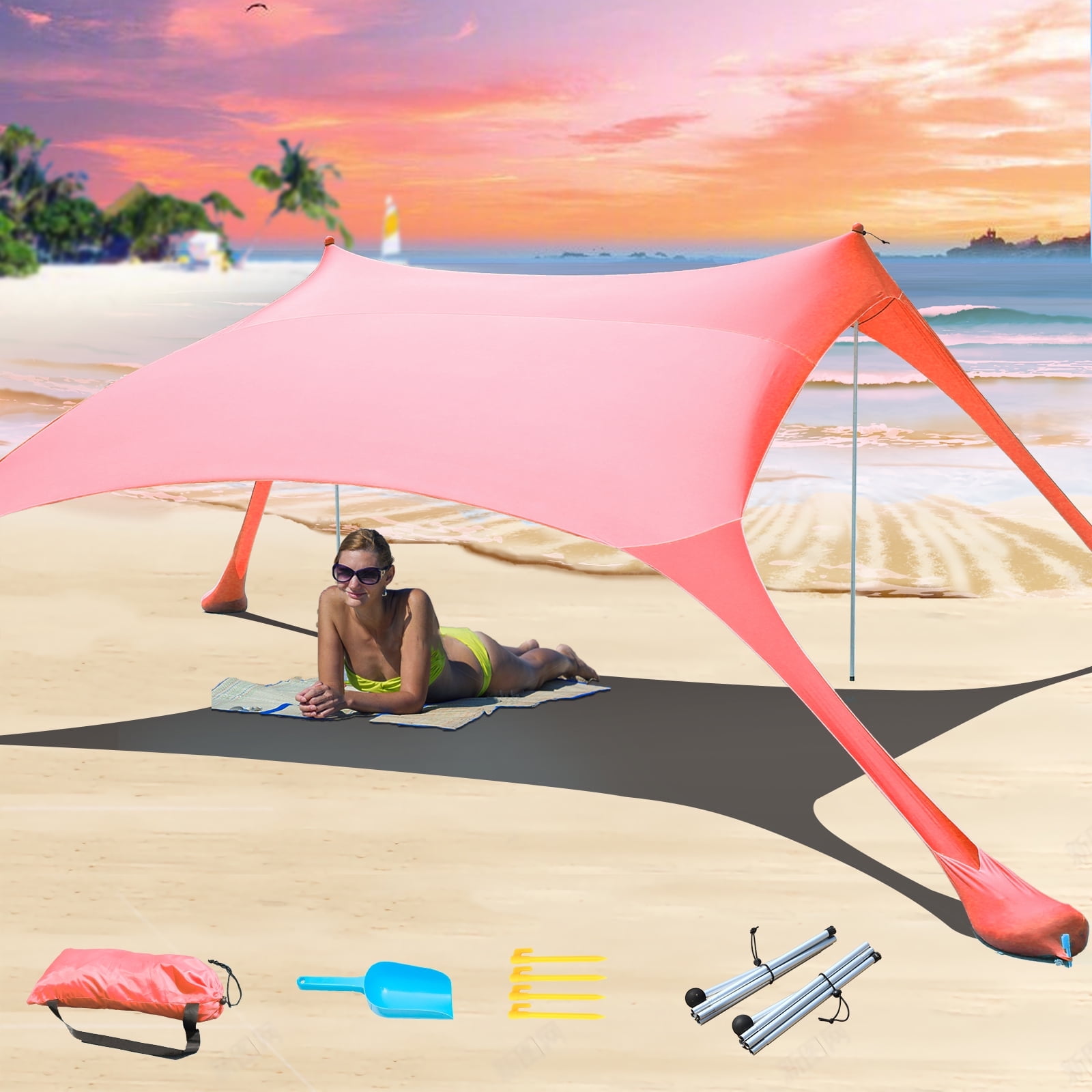 CUUPO 7×7 FT Beach Tent Sun Shade Shelter UPF50+ UV Protection, Outdoor Canopy Tent Sun Shade with 2 Poles for Beach, Camping, Fishing, Backyard and Picnics Red
