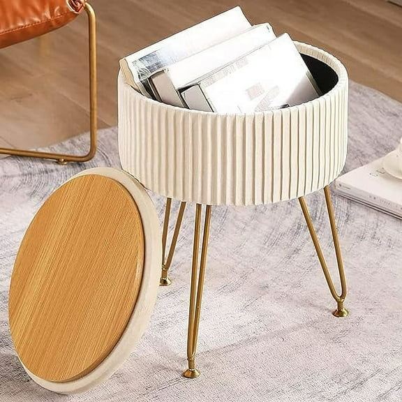 CUYOCA Round Storage Ottoman Velvet Vanity Stool with Tray, Footstool with Metal Legs, Cream