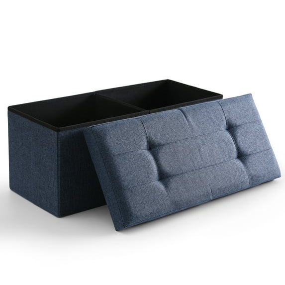 CUYOCA Storage Ottoman Bench Foldable Footrest End of Bed Ottoman for Living Room Bedroom, with Flipping Lid, 75L Storage Space, 30 inches Linen Fabric navy