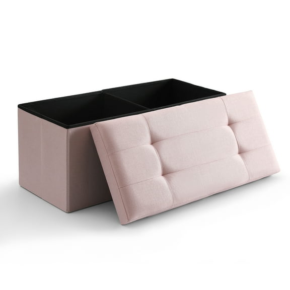 CUYOCA Storage Ottoman Bench Foldable Footrest End of Bed Ottoman for Living Room Bedroom, with Flipping Lid, 75L Storage Space, 30 inches Linen Fabric pink