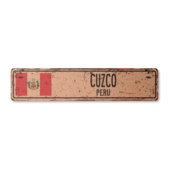 CUZCO PERU Vintage Aluminum Street Sign Peruvian flag city country road rustic metal tin wall gift | Indoor/Outdoor | 18" Wide