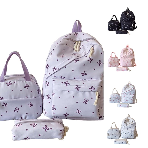 CUZIBR 3 Pack Bow Dot Print Backpack Set Bookbag With Lunch Tote Pencil Pouch Adjustable Padded Straps Multi Pocket Daypack For Girls Teens Back To School Travel Daily Use