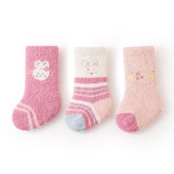 CUZIBR 3 Pairs Fuzzy Warm Baby Mid Calf Socks Cute Cute Cartoon Print Sleep Letter Socks Soft Plush Thermal Toddler Winter Crew Socks,12-18 Months