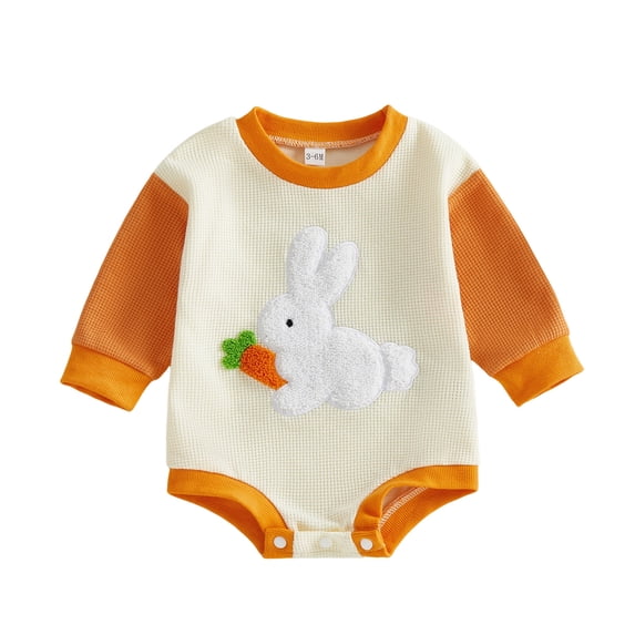 CUZIBR Babby Girls Kids Toddler Easter Romper Cartoon Bunny Carrot Embroidery Long Sleeve Crewneck Bodysuit Knitted Fashionable Bodysuit One Piece Outfits,Orange,6-12 Months
