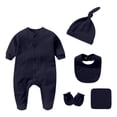 thumbnail image 1 of CUZIBR Baby 5 Piece Bodysuit Outfits Long Sleeve Solid Color Button Down Round Neck Romper+Hat+Burp+Bibs+Gloves Soft Comfortable Spring Summer Clothes Sets,Black,9-12 month, 1 of 2