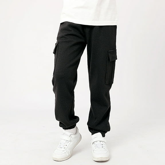 CUZIBR Baby Boy Pants Cargo Pants Fashion Side Pockets Solid Color Cozy Elastic Waist Wide Led Ankle-Tied Joggers Streetwear For Boys,Black,7-8 Years