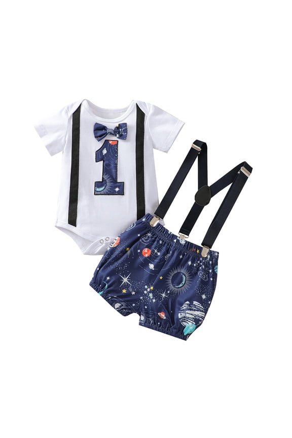 Baby Boy Starrys Sky Bowtie RomperSuspender Shorts First Birthday Outfits Fashionable Dailywear For Toddler