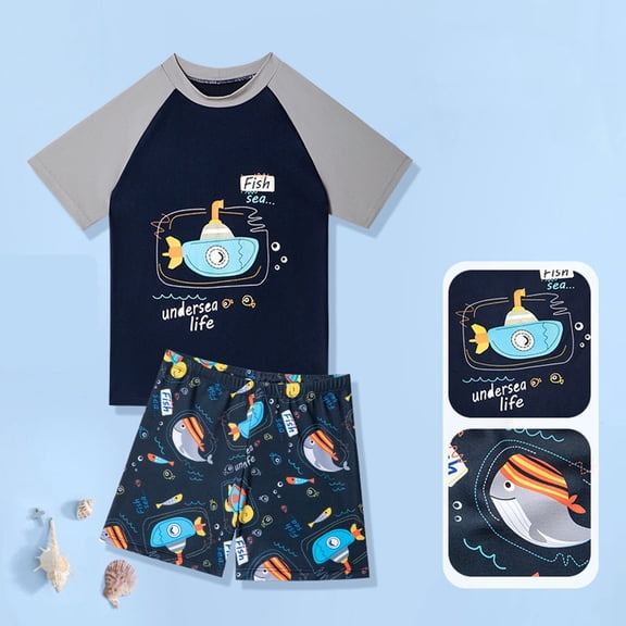 CUZIBR Baby Boy Swimsuit Boys Cartoon Fish Printed Two Piece Swimwear Patchwork Short Sleeve Crewneck Shirts And Trunks Shorts Outfits Pool Beach Travel Swimwaer Holiday,Black,5-6 Years