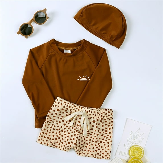 CUZIBR Baby Boys 3 Piece Swimsuits Rash Guard Raglan Sleeve Striped Cute Cartoon Pattern Long Sleeve Shirts Tops And Elastic Waist Shorts Trunks Swimwear Outfits Bathing Suit,Brown,6-7 Years