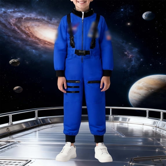CUZIBR Baby Boys Astronaut Outfits Halloween Career Dress-Up Party Clothes Long Sleeve Jumpsuit Space Themed Cool Trick Or Treat Wear,Blue,4-5 Years