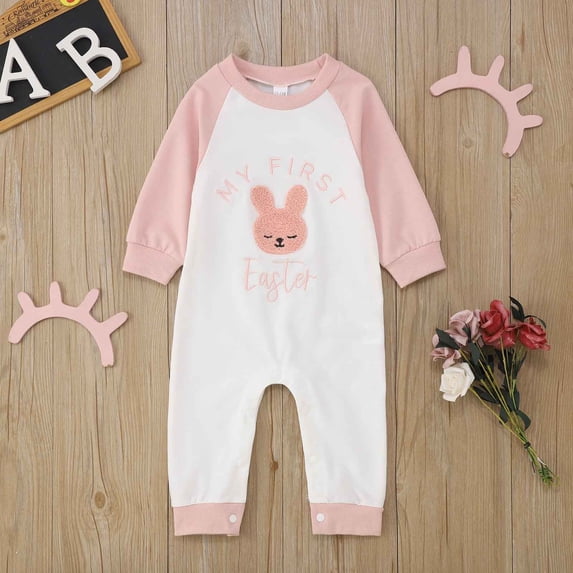 CUZIBR Baby Boys Easter Bunny Jumpsuit Fashionable Solid Color Long Sleeve Button Down Crewneck Spring Romper Cozy Soft Comfortable One-Piece Bodysuit Breathable Dailywear,Pink,3-6 Months