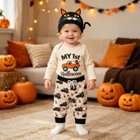 CUZIBR Baby Boys My First Halloween Outfit 3Pcs Set Long Sleeve Truck Cat Print Bodysuit Matching Allover Print Jogger Pants Cute Cat Ear Hat Toddler For Photoshoot Party,Beige,9-12 Months