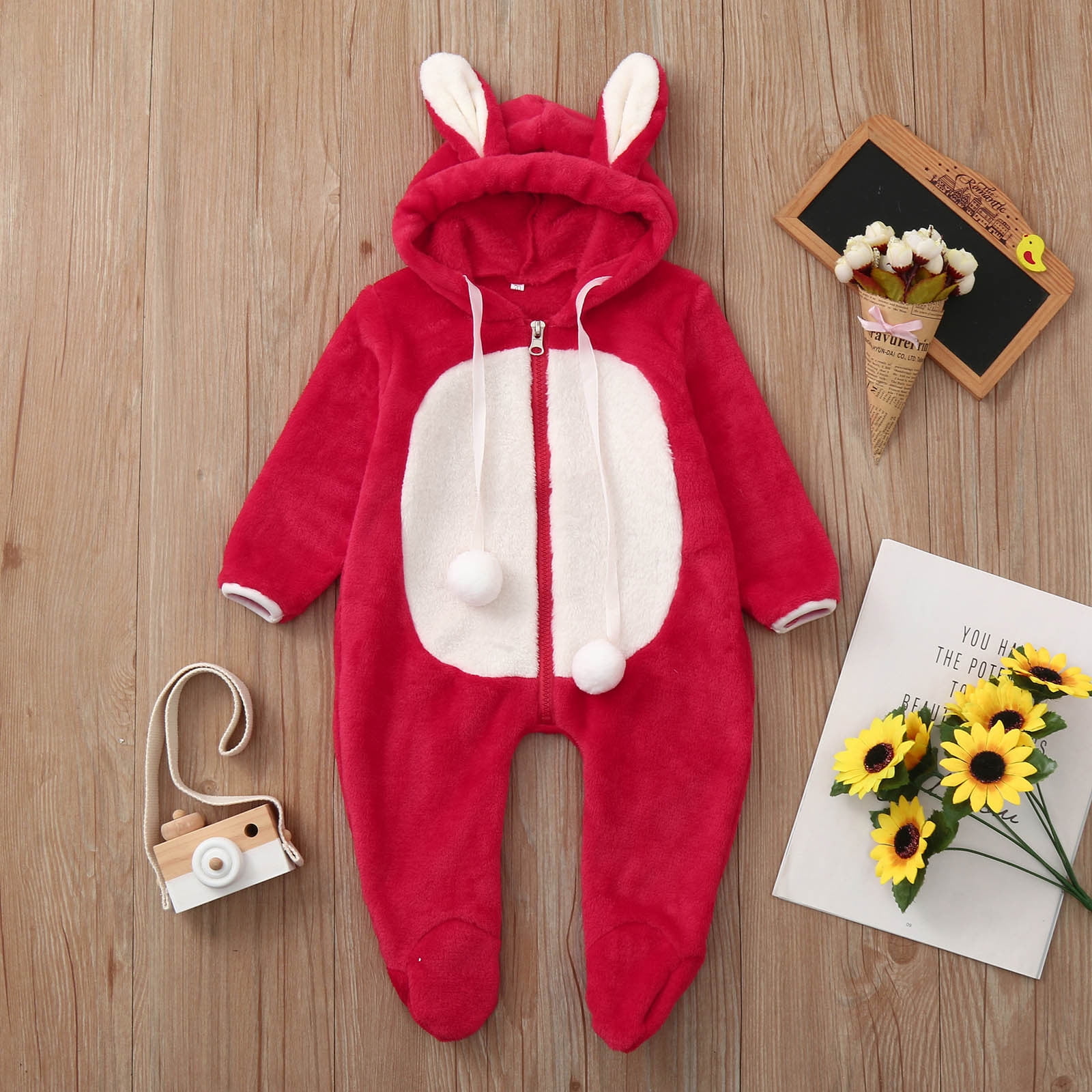 CUZIBR Baby Boys Girls Rabbit Animal Winter Romper Jumpsuit Oneise One-Pieces Hoodie Long Sleeve Sets Outfits Leisure Dailywear For Toddler,Red,12-18 Months