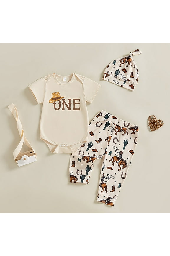 Baby Boys One First Birthday Outfit Romper Set Short Sleeve Round Neck Cartoon Print Elastic Waist Wide Leg Pants With Hat Bodysuit 1St Party Cowboy Clothes Sets,Beige,12-18 Months