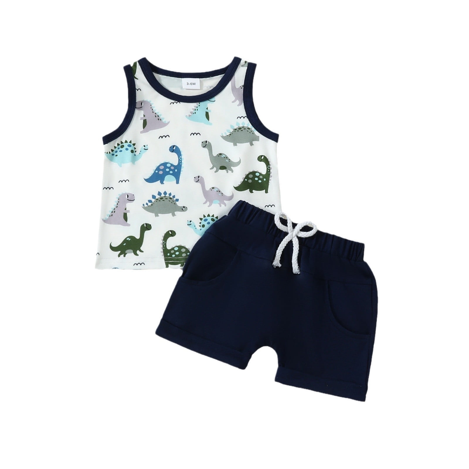 Babyhug 100% cotton Sleeveless Vests With Dino Print & Text Printed Shorts - Light Blue & Orange