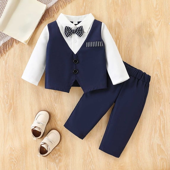 CUZIBR Baby Boys Suit Outfits Formal Tuxedo Set Dress Tops And Pants 2 PC Striped Long Sleeve Gentleman Photo Shoot Clothes,Blue,6-9 Months