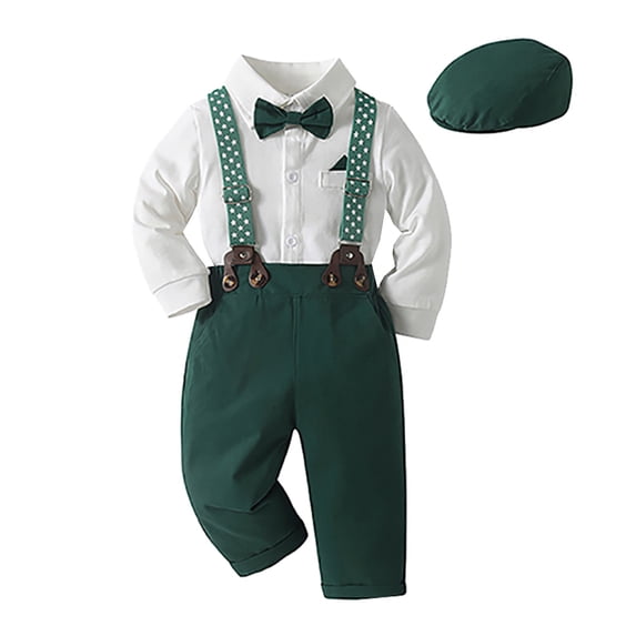 CUZIBR Baby Boys Suit Outfits Formal Tuxedo Set Long Sleeve Romper Suspenders Pants Hat 4 PC Stars Graphic Gentleman Photo Clothes,Green,6-9 Months