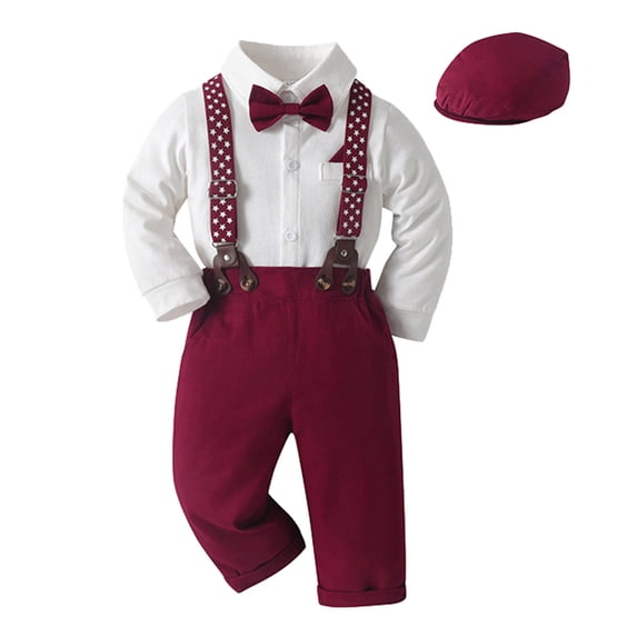 CUZIBR Baby Boys Suit Outfits Formal Tuxedo Set Long Sleeve Romper Suspenders Pants Hat 4 PC Stars Graphic Gentleman Photo Clothes,Red,3-6 Months